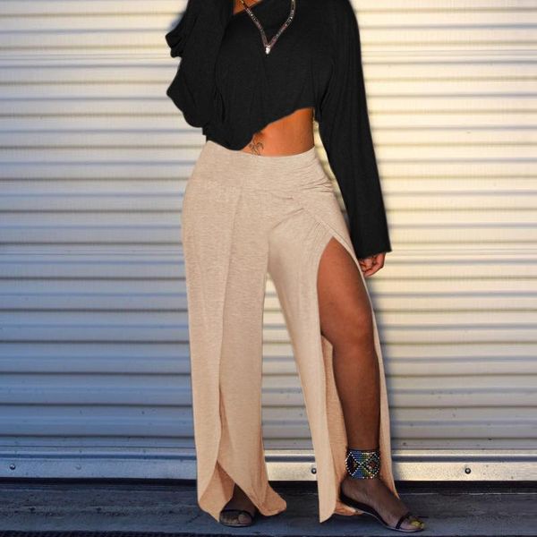 

women's pants & capris women straight wide leg baggy high waist sweatpants female trousers side split open night club palazzo elastic, Black;white