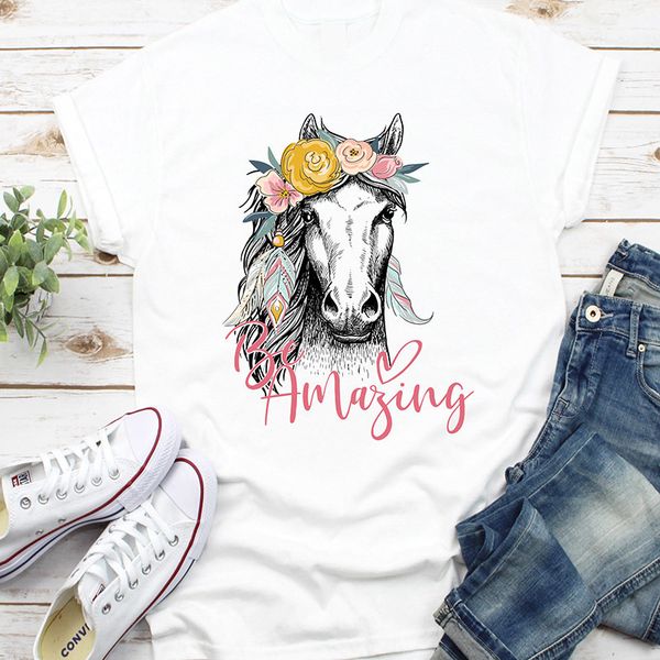 

cartoon horse print ladies t-shirt summer ladies wild short-sleeved harajuku graphic t-shirt casual funny t-shirt c0220, White