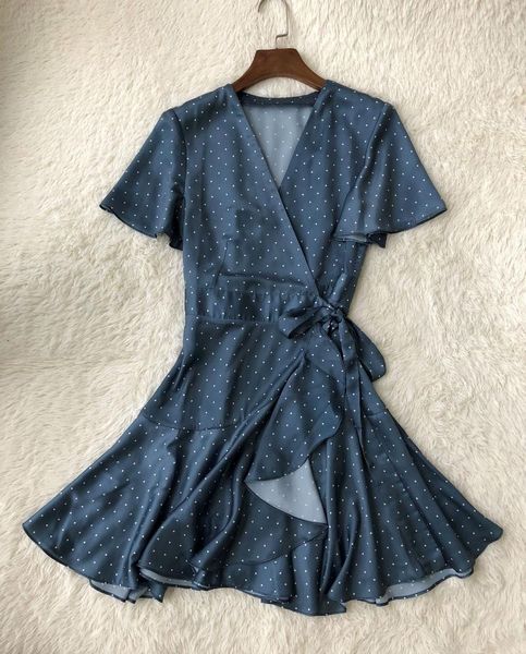 

casual dresses women dress gray and blue wave dot mini, Black;gray