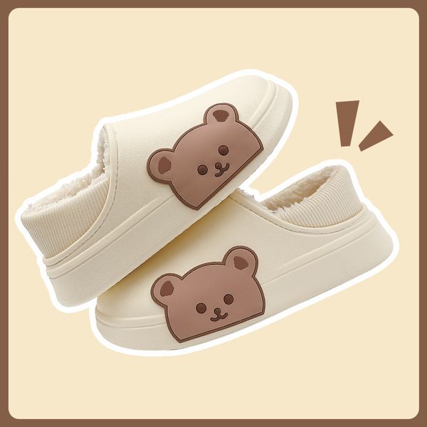 

bear cotton slippers women's bag with winter cute waterproof thick bottom home bedroom wool maternity shoes, Black
