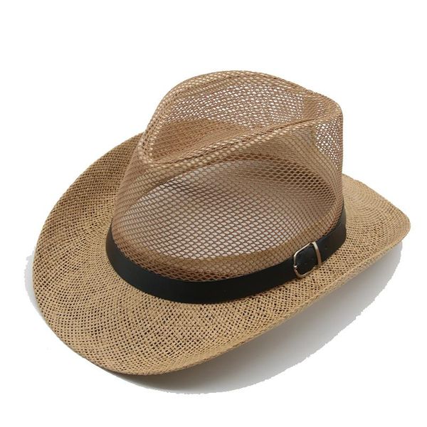 

wide brim hats summer men caps sun protection western cowboys straw panama mesh casual outdoor beach jazz khaki, Blue;gray