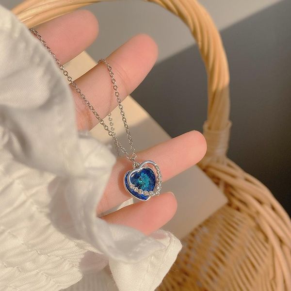 

chains temperament blue crystal heart necklace for women birthday anniversary gift fashion pendant female jewelry, Silver