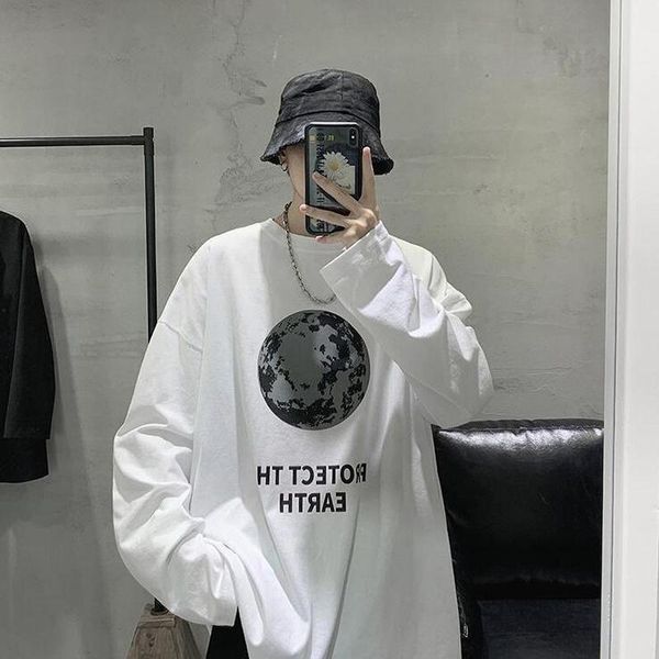 

men's t-shirts korean fashion earth print harajuku long sleeve bottoming shirt basic round neck for teenagers kpop loose pullover y2k, White;black