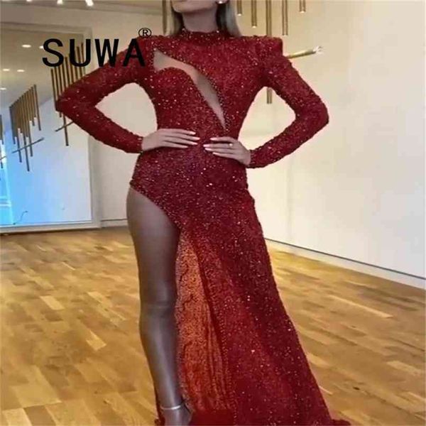 Front Hollow Out All Red Women Dresses Free Lady Slits Abiti da festa e da sposa a maniche lunghe Abito elegante 210525