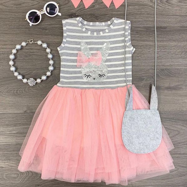 

toddler baby kid summer girl dresses stripe rabbit patchwork girls sleeveless sling princess spring clothes kiz cocuk elbise, Red;yellow