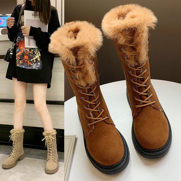 

boots autumn and winter flanging furry snow women's mid-tube plus velvet thick warm cotton heel women, Black