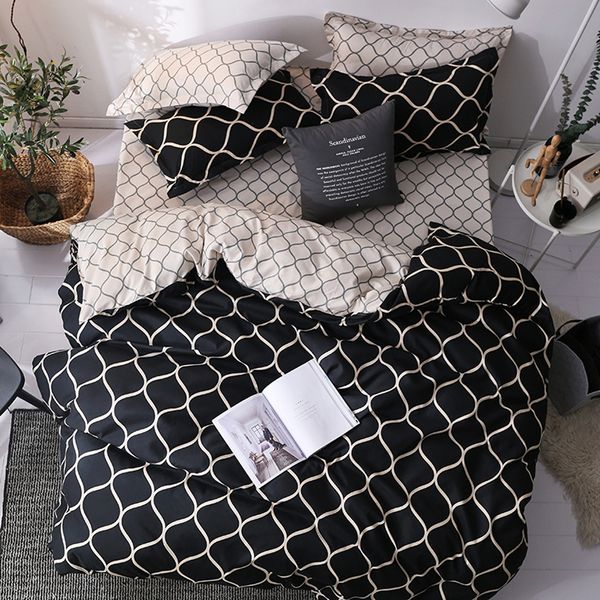 Luxo preto conjunto de cama único tamanho completo poliéster roupa capa edredão conjunto moderno pássaro xadrez anime com fronha261f