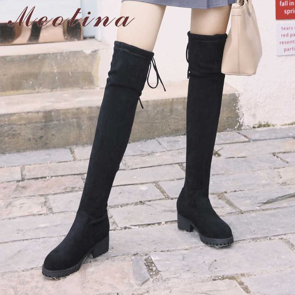

meotina over the knee boots women shoes platform block heels long boots lace up high heel stretch boots ladies autumn winter 43 210608, Black