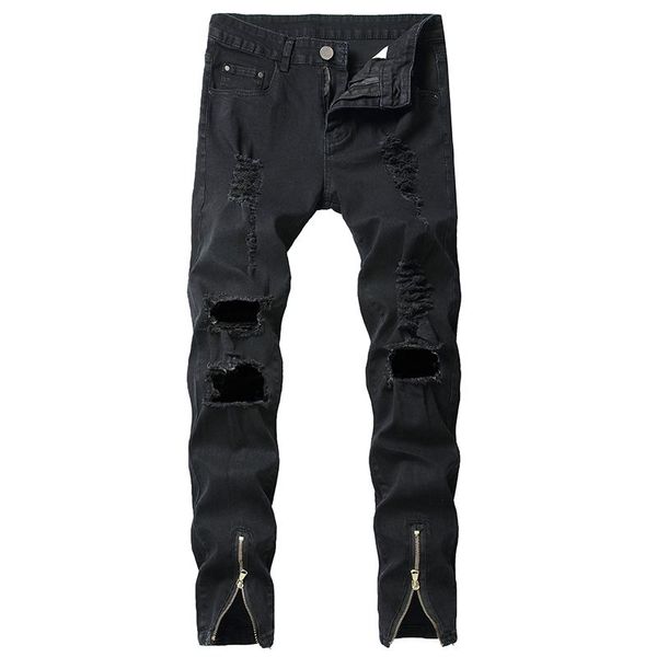 

men's jeans fashion ripped men with holes denim brand famous slim fit jean pants scratched hip hop elastic zipper, Blue