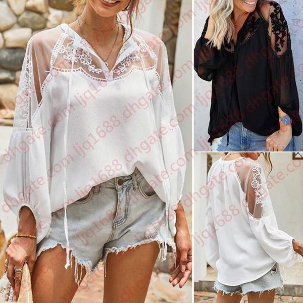 

women mesh lace hook flower lantern sleeve loose chiffon retro blouse fashion female casual shirts blouses, White