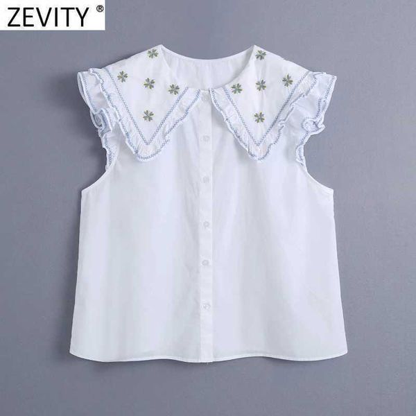 

zevity women sweet embroidery peter pan collar white poplin shirt female sleevelss ruffle blouse roupas chic chemise ls9279 210603