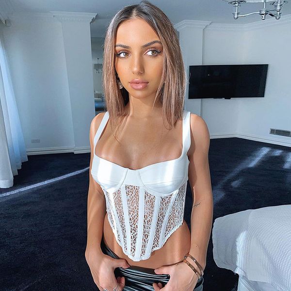 

Sleeveless Bustier Corset Top Female Lace Sheer Crop Top Backless Straps Cropped Feminino Vest Top Cropped New, Black