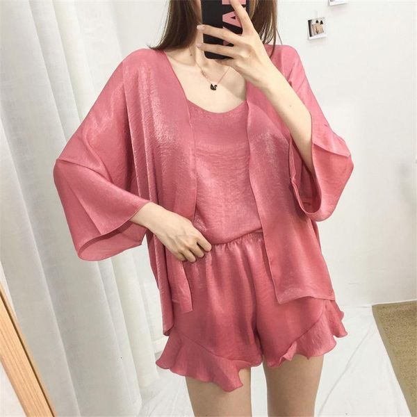 

autumn women pajama sets 3pcs set cami +shorts robe sleepwear women pajama silk satin suit sleepwear long sleeve female, Black;red