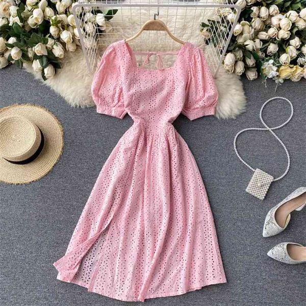 

women fashion square neck short sleeve slimming slim fit sweet a-line dress solid color clothes vestido de mujer s283 210527, Black;gray