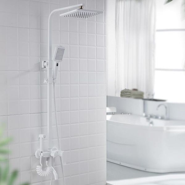 

bathroom shower set solid brass white rainfall shower faucet wall mounted mixer abs 8" head with handheld faucet