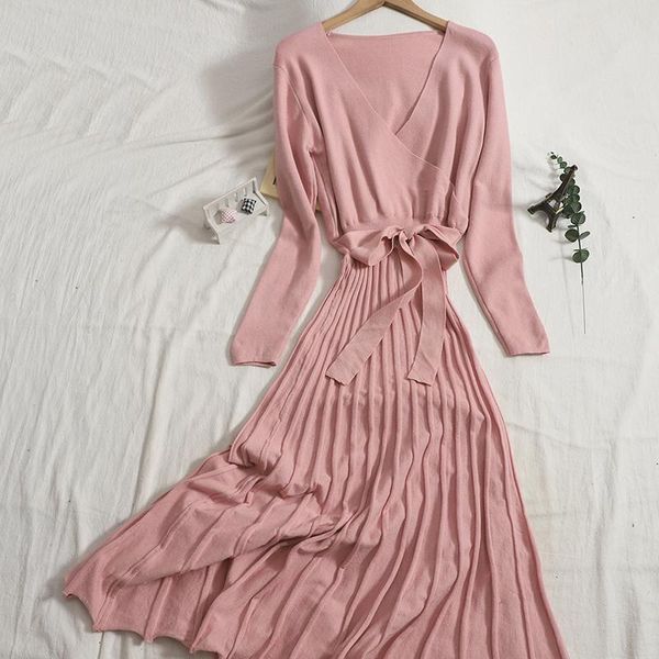 

casual dresses elegant tie v-neck a-line long dress for women clthes 2021 autumn pure color gentle knitted pleated female vestidos, Black;gray
