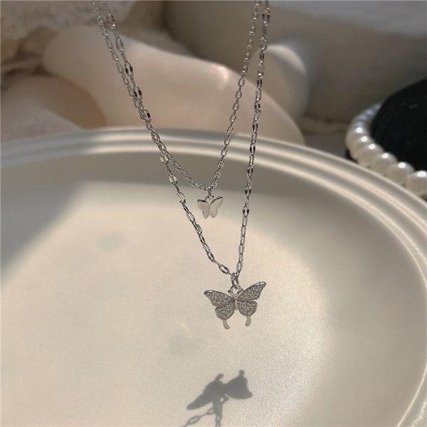 

chain women pendants south korea east gate fashion simple personality necklace inlaid with diamond butterfly double neck net red temperament, Silver