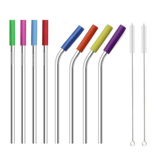

drinking straws 100% brand reusable bent 8pcs stainless steel straw metal silicone tips cover 2 brush
