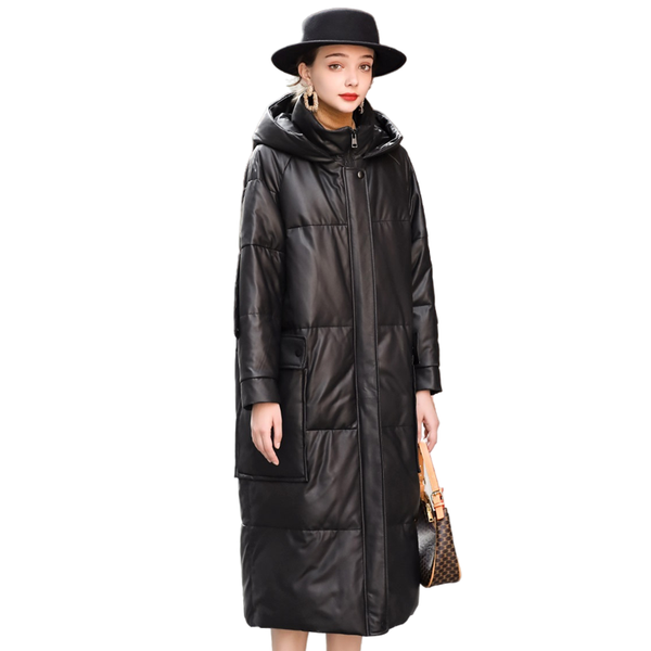 

women's leather & faux hooded down jacket padded parka women winter sheepskin loose zipper overcoat female casual warm long coats 2021, Black