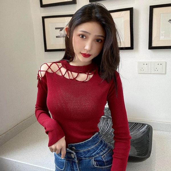 

hollow out long sleeve pink knitted sweaters for women off shoulder o-neck slim crop autumn new fashion clothes hipster, White;black