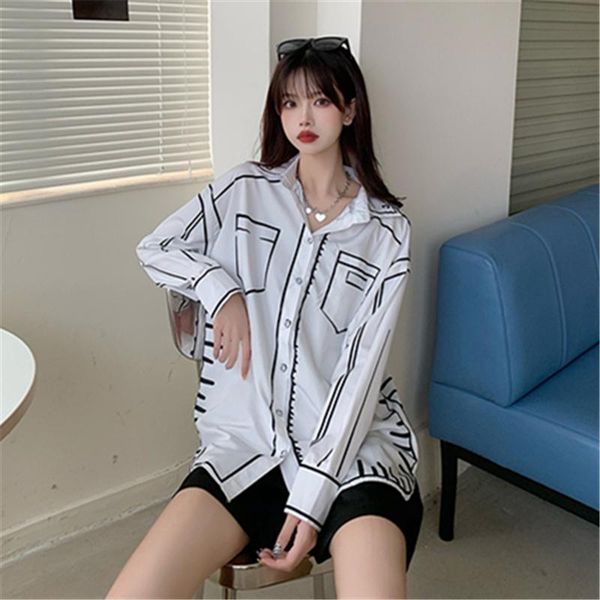 

women's blouses & shirts 2021 spring fashion style large size loose personality printing long-sleeved lapel shirt female trend 003, White