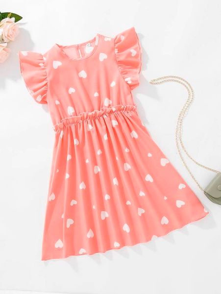 

girls heart print ruffle sleeve frilled waist dress she, Red;yellow