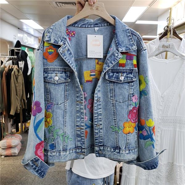 

women's jackets denim jacket coat 2021 autumn machine embroidery flower short national style retro jeans female outer coats, Black;brown