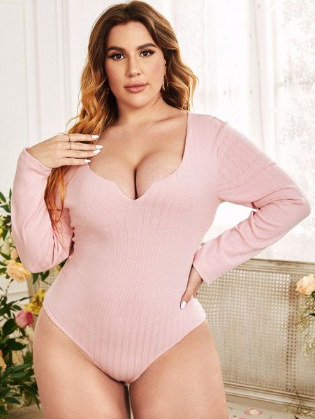 

plus solid notched bodysuit s0j4#, Black