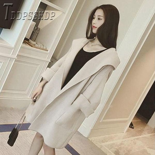 

women's wool & blends 2021 spring autumn women woolen coat loose cardigan pocket female overcoat, Black