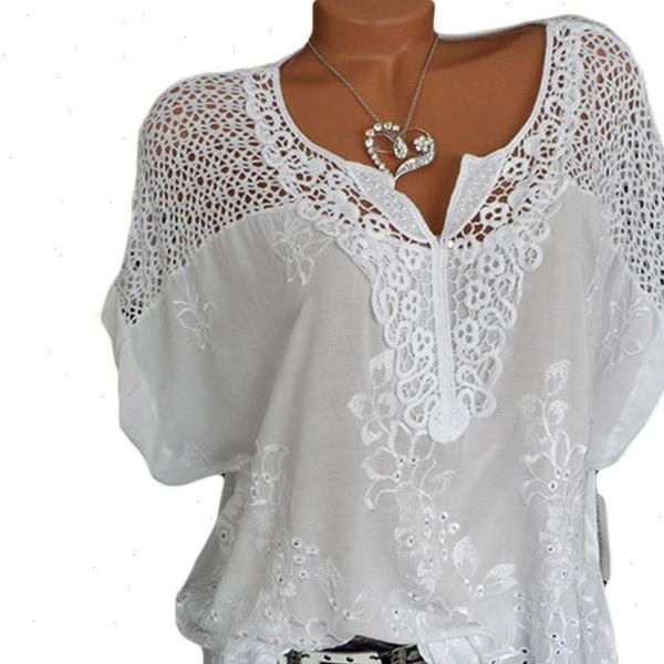 

fashion loose v neck hollow out embroidery shirt ladies casual summer short sleeve blouse womens clothing plus size, White