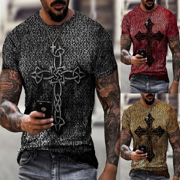 

men's summer casual fashion round neck cross printed t-shirt, White