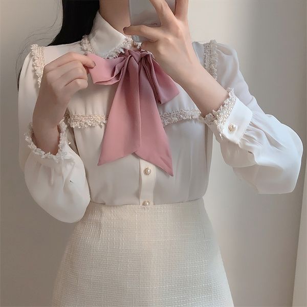 

korean fashion chiffon blouse shirt long-sleeved ol shirt tassel bow tie women roupas feminina 210225, White