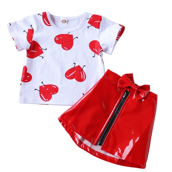 

2021 baby clothing 1-5t infant kid valentine clothes love printed t-shirt and leather zip skirt summer outfits mvrd, White