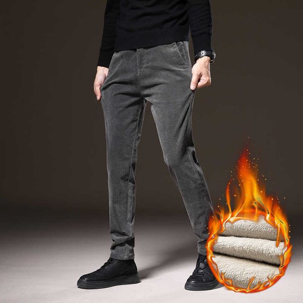 

men's pants men fashion winter corduroy elastic thick fleece soft comfortable trousers business casual mens warm long 28-40 vsmm, Black
