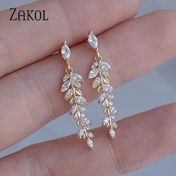 

dangle & chandelier zakol charm gold color leaves earrings for women exquisite tiny zirconia earring elegant korean crystal wedding jewelry, Silver