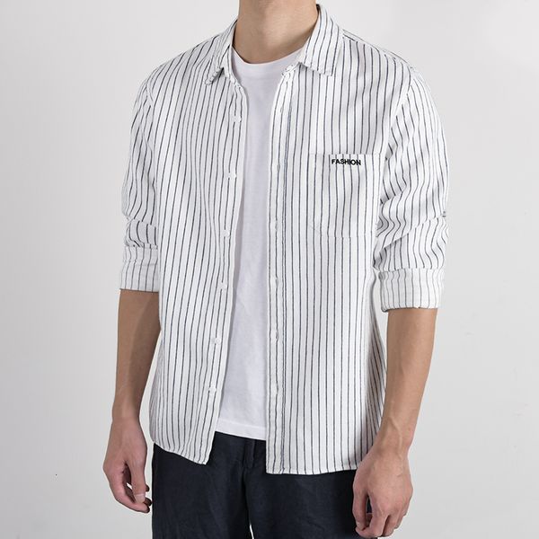 

2021 new autumn and spring brushed cotton striped long-sleeved fashion shirts for casual handsome shirt men chemise camisa s8a3, White;black