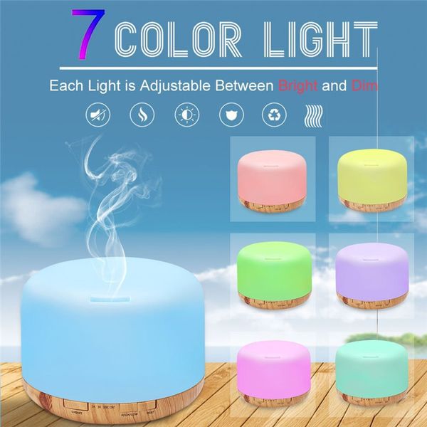 Umidificatore per aromi d'aria da 500 ml Grano del legno 7 Luci a LED a colori Diffusore di aromi per oli essenziali per aromaterapia elettrica