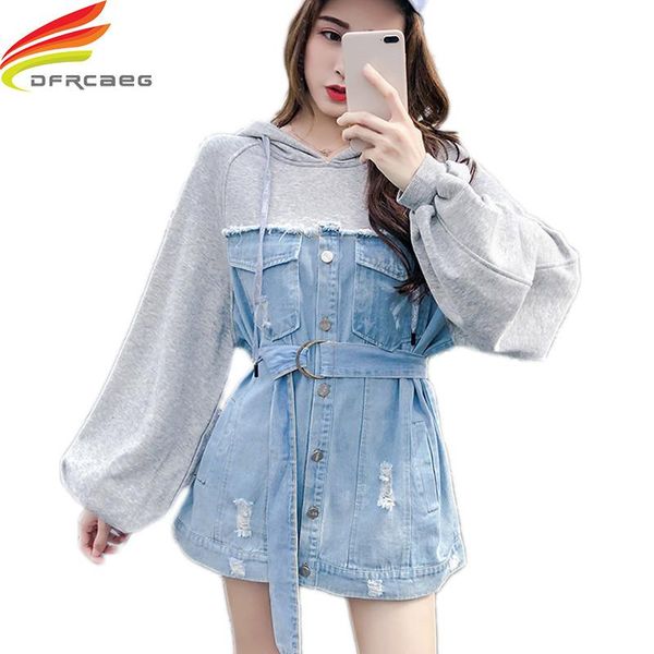 

casual dresses boyfriend style hoodie dress 2021 autumn arrival loose cotton denim patchwork ripped hole jeans long sleeve vestido, Black;gray