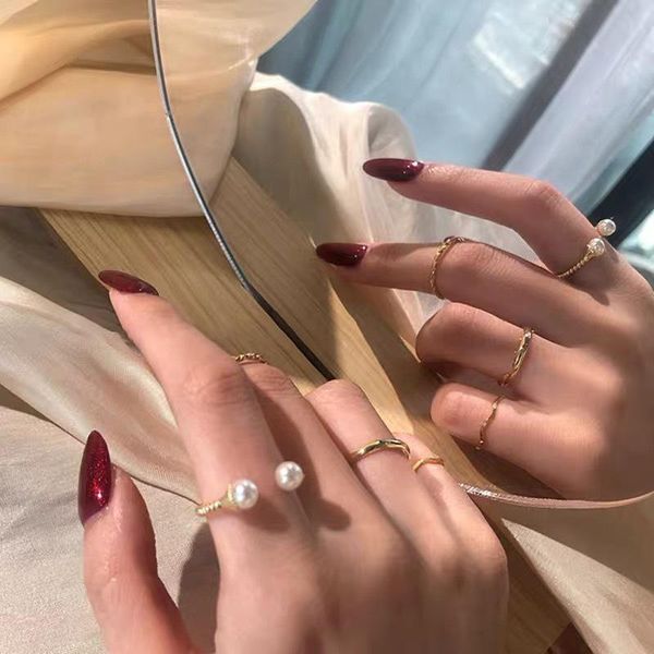 

cluster rings 4pcs set fashion normcore 14k gold plated natural freshwater pearl paved adjustable knuckle ring women's delicate jewelry, Golden;silver