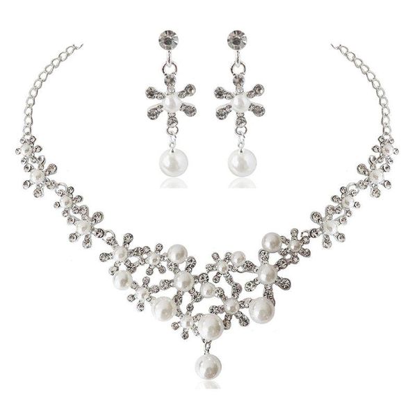 

wedding jewelry sets white pearl elegant floral bridal for women crystal engagement necklace earrings accessories, Slivery;golden