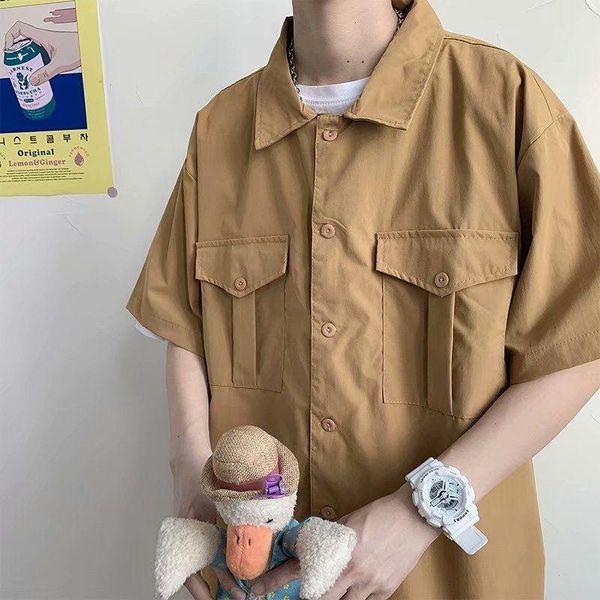 

men's casual shirts summer multi-pocket tooling shirt men korean fashion loose harajuku streetwear retro short-sleeved, White;black