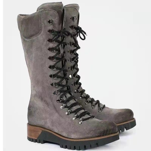 

boots women knee high retro platform lace up long for winter ladies shoes solid color knight botas de mujer, Black
