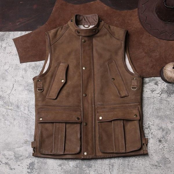

men's vests mens outdoor cargo vintage cowhide genuine leather cowboy sleeveless jacket vest multi-pocket stand collar biker waistcoat, Black;white