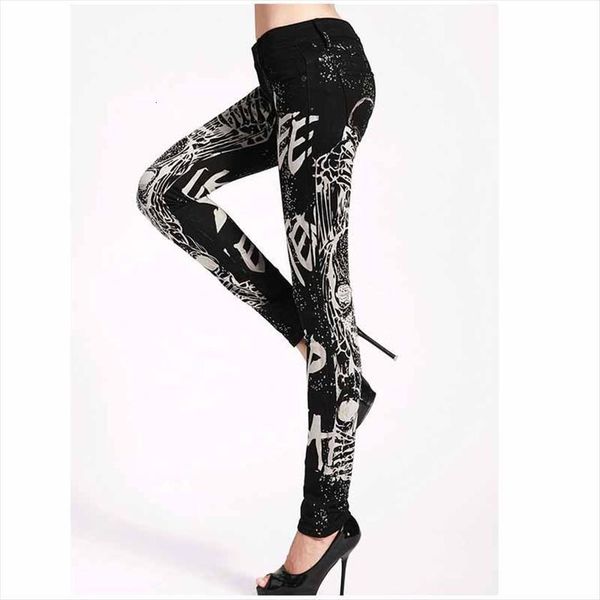 

storage casual black pencil pants women jeans girl head printing skull pattern skinny long for, Blue