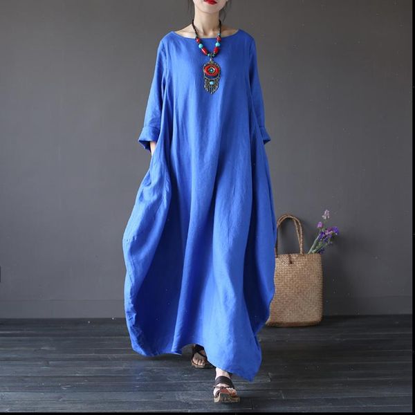 

2021 new casual dress plus size women clothes o neck summer 5 vintage three quarter sleeve robe maxi dresses 5xl, Black;gray