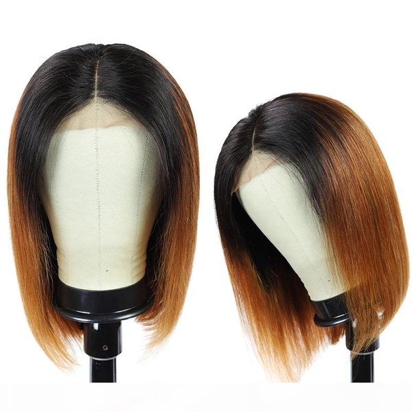 

ombre 13x4 lace front short bob wigs human hair for black women brazilian remy hair brown blonde streaks straight hair, Black;brown