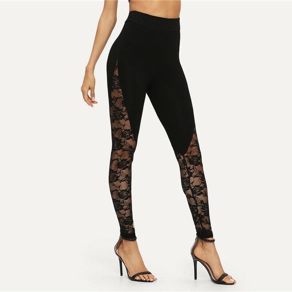 

high waist black lace leggings womens ladies floral lace side panel cut out black leggings plus size s m l 2xl