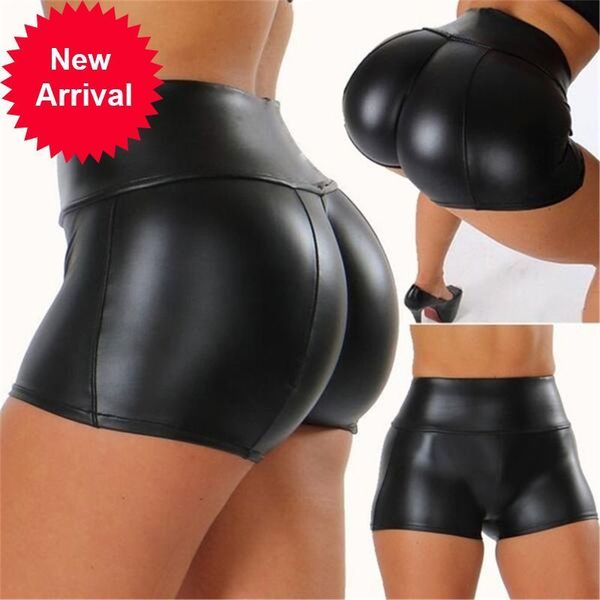 

women high waist faux leather black booty lady skinny stretch female casual solod color stretchy shorts, White;black