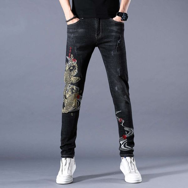 

spring and autumn black fish jeans men's fashion embroidered pants, Blue
