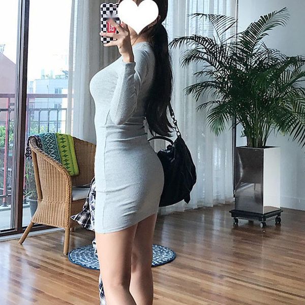 

casual dresses womengaga korea 2021 slim skinny hip mini dress short sleeve round neck simple autumn winter base xk4k, Black;gray